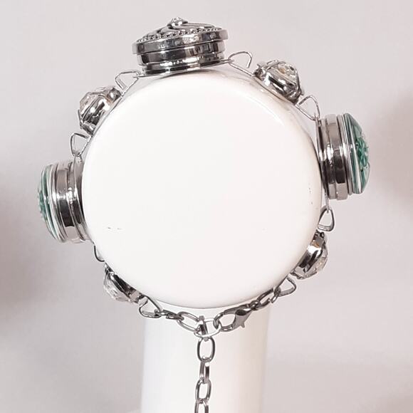Chunky Snap Bracelet Silver Tone Chains Holding Rhinestones And Glass Cabochons - Picture 2 of 9
